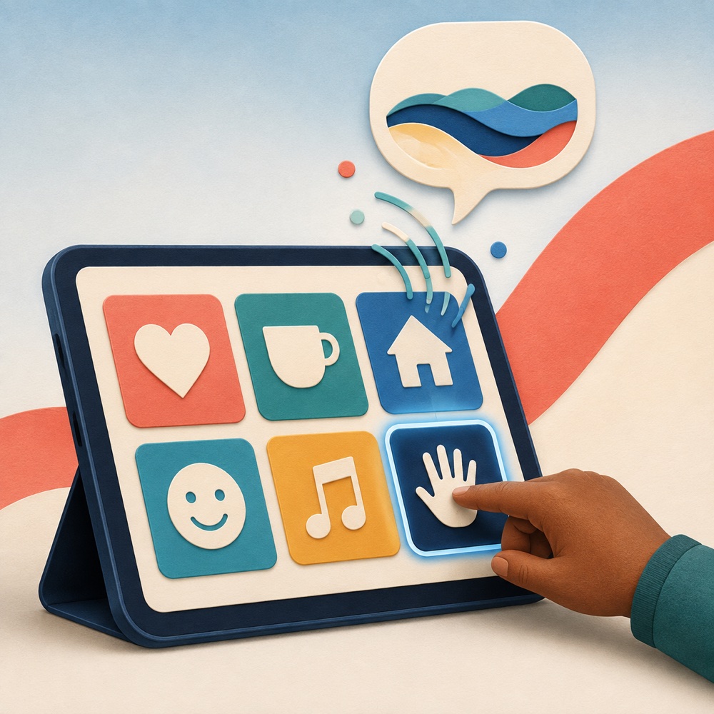 A hand selects a symbol on a communication tablet.