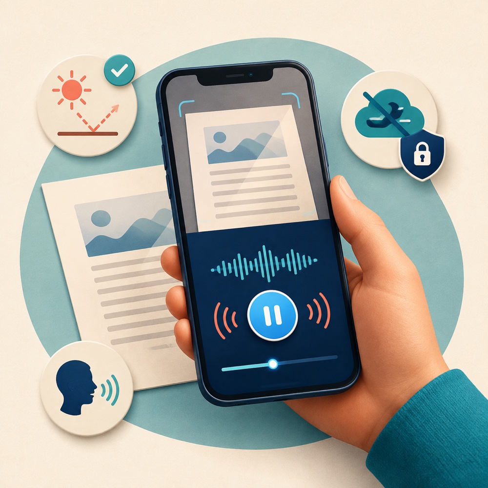 A phone scans a printed page and presents speech controls.